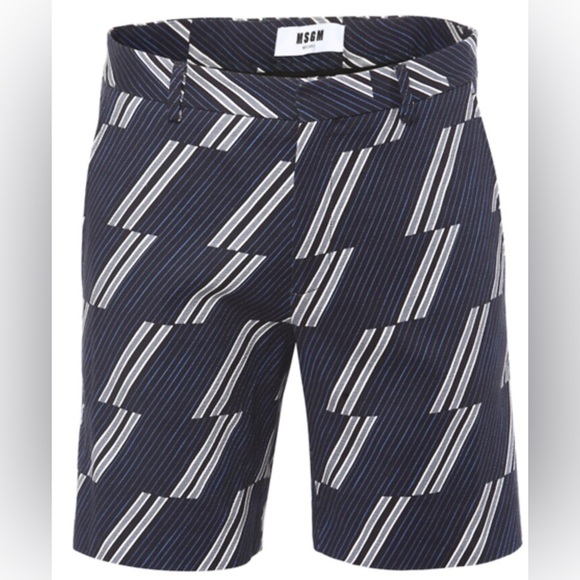 MSGM Black and White Geometric Shorts with Blue Stripes